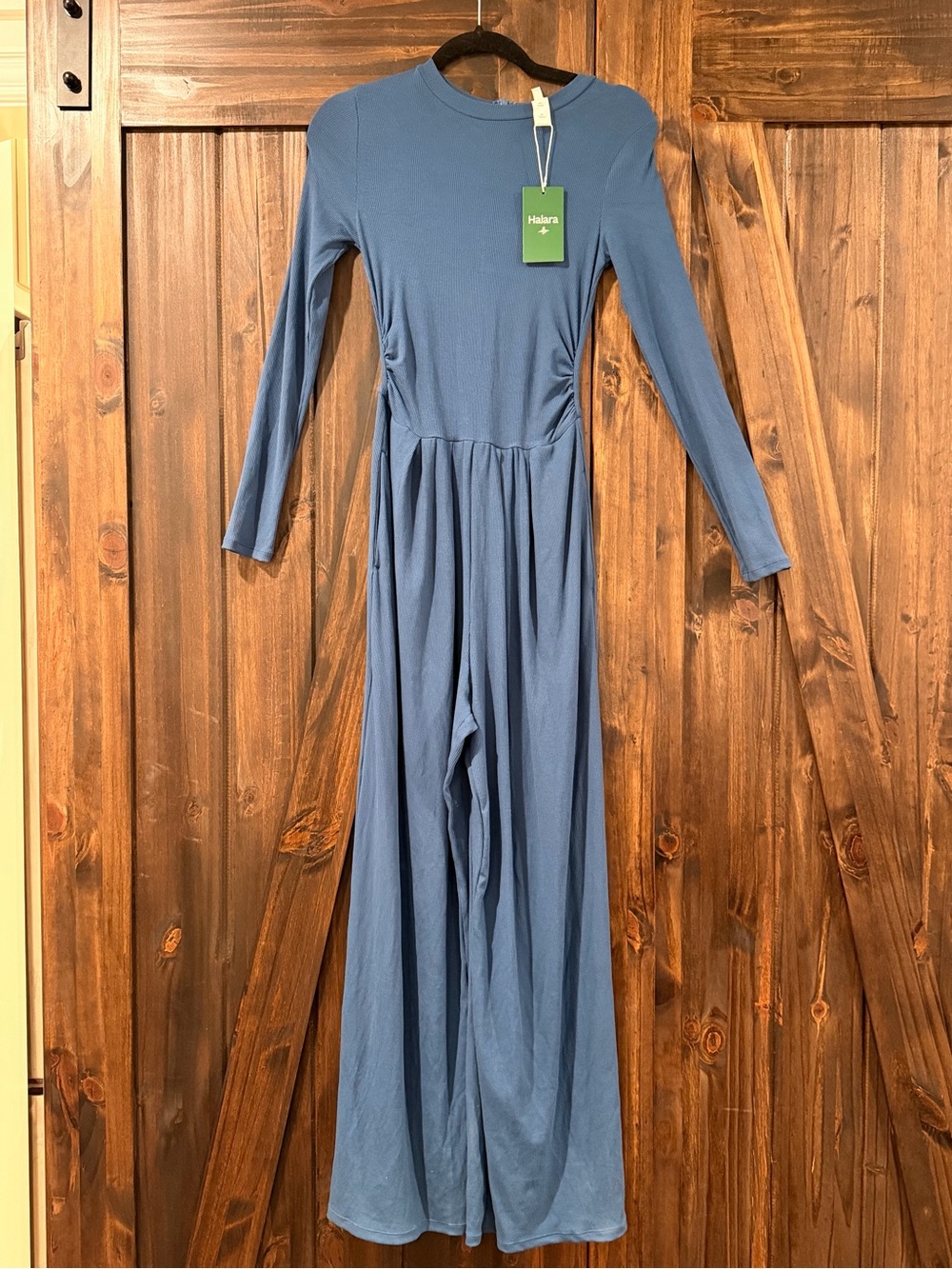 Blue Ribbed Long Sleeve Wide Leg Jumpsuit with pockets